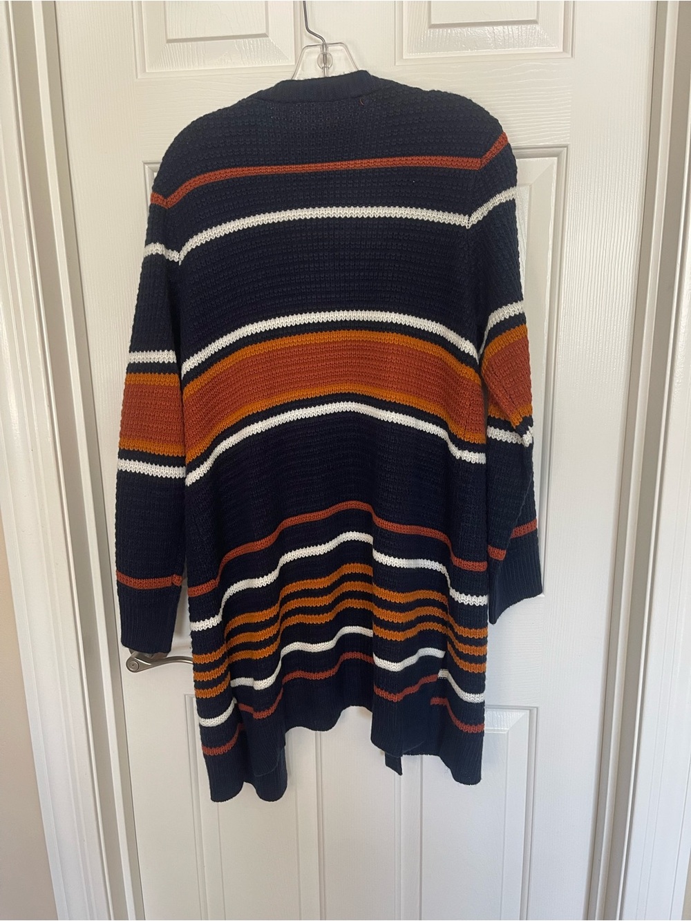 Macy's Navy Open-Front Striped Cardigan with Rust & Cream - Picture 4 of 14